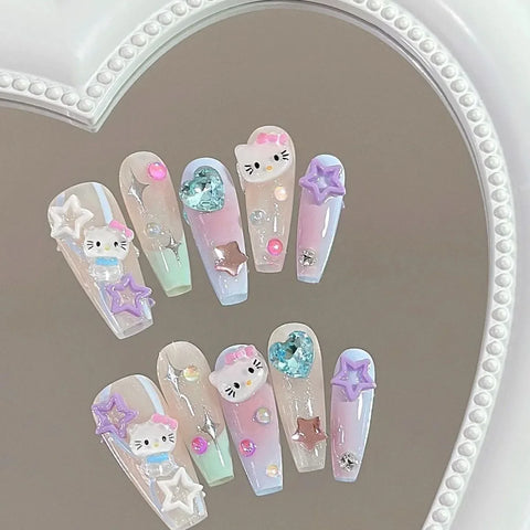 In vogue Handmade Stick on Nails Hello Kitty Cute Cartoon Mid-length Style Gel Press on Nails
