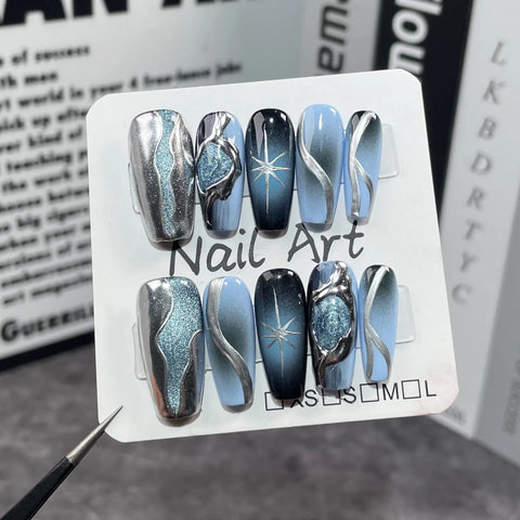 Black and Blue Gradient 3D High-end Spray Gun Medium-length Nail Stickers, Wearable Nail Decals