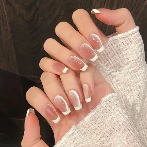 Press on Nails Nude False Nails Artificial Fingernails French Almond Reusable Acrylic False Nails