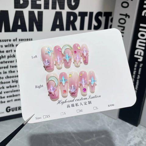 New handmade medium-length mocha starry sky nail stickers purple blush acrylic nails