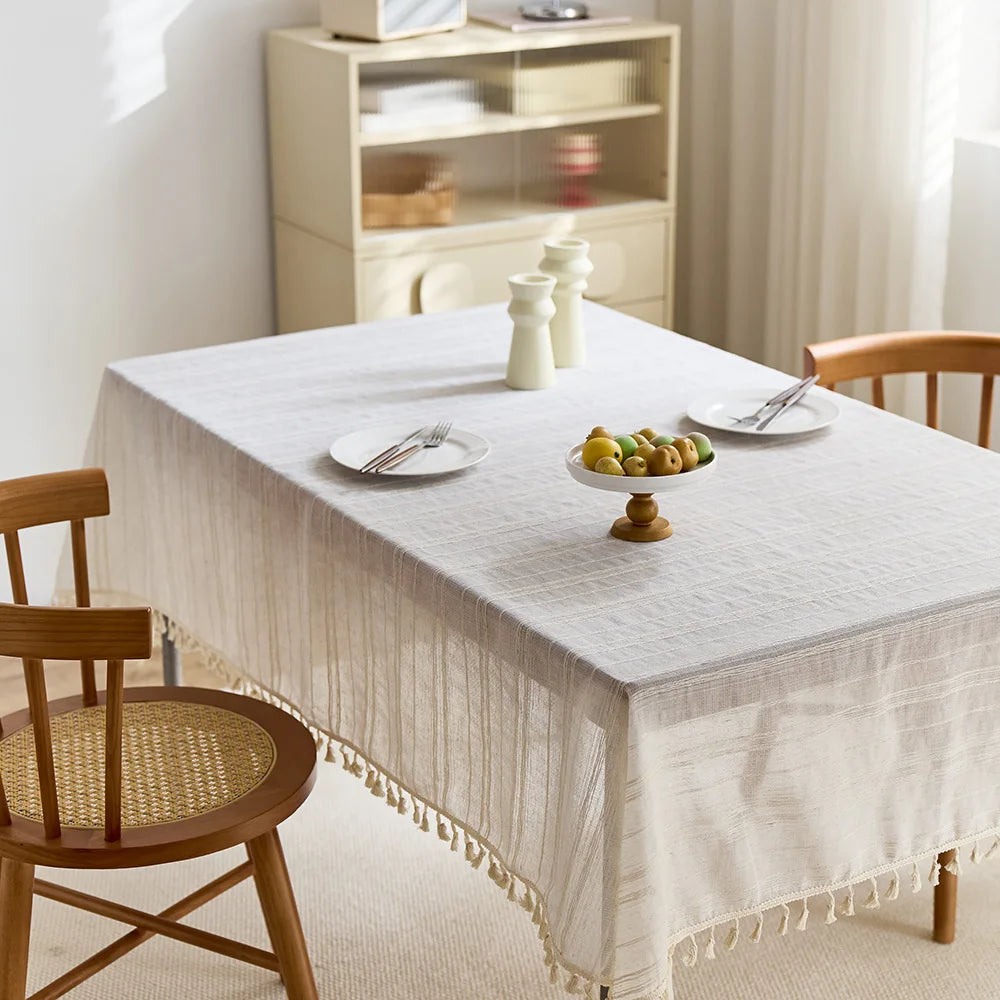 French cream linen/polyester tablecloth striped pattern dustproof reusable customizable luxury coffee table cover living room decoration