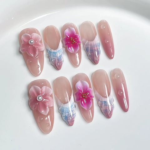 Hand-made Sweet French Blush Nails, Ice-clear Three-dimensional Carved Long Nail Art Patches