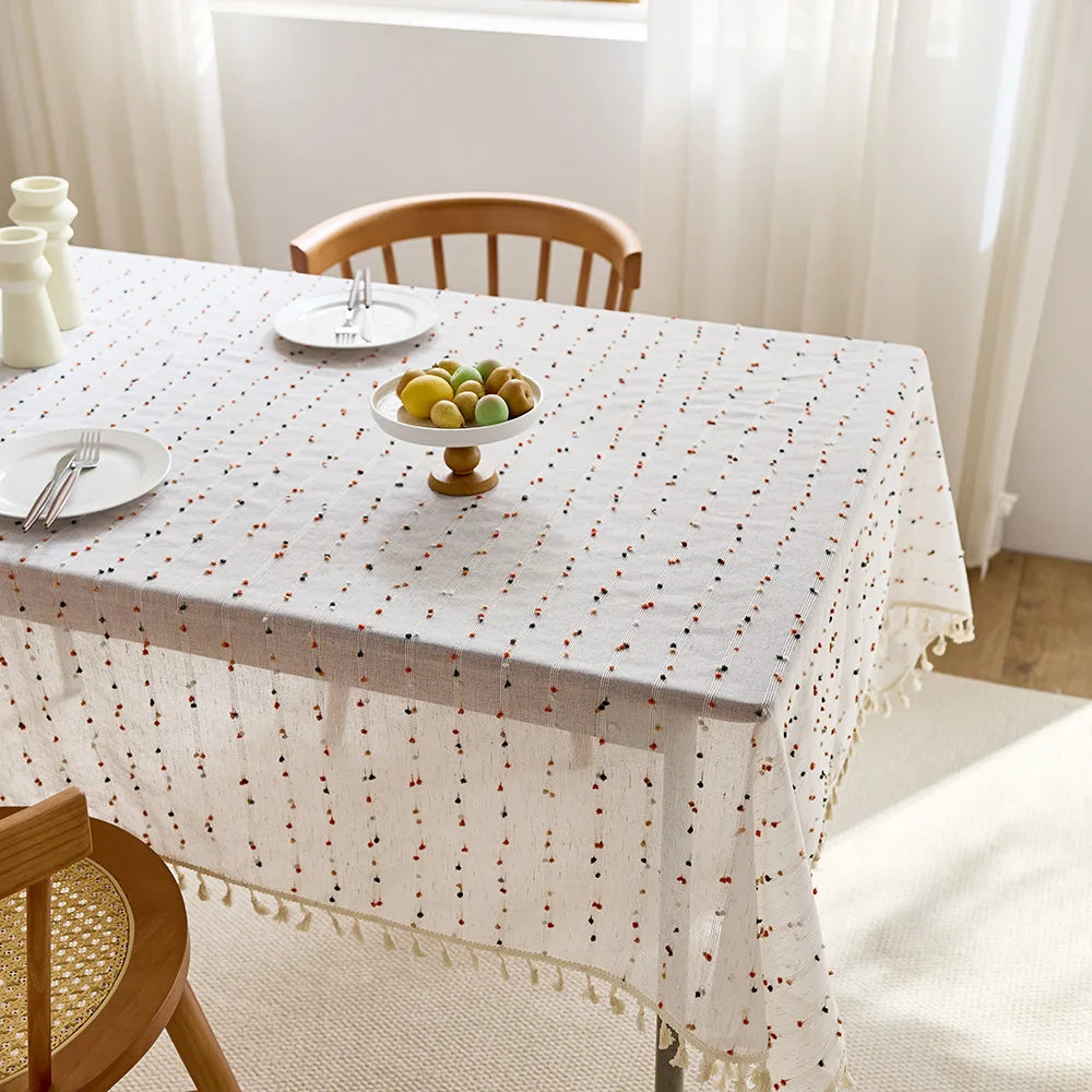 French cream linen/polyester tablecloth striped pattern dustproof reusable customizable luxury coffee table cover living room decoration