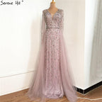 Dubai Luxury Grey With DetachableTrain Evening Dresses  Long Diamond Mermaid Beading Formal Dress Serene Hill LA70341