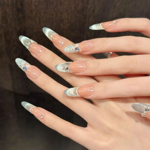 High-end Blue French Cat-eye Checkered Ice Translucent Skin-brightening Handcrafted Nail Extensions