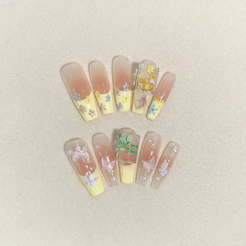 Long Ladder Type Yellow Matching Nude Ribbon Rhinestone Design Removable Soft False Nails