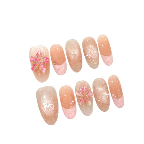 Exquisite Ice Flower Handcrafted 3D Peach pink French Spring and Summer Pure Handmade Nail Art