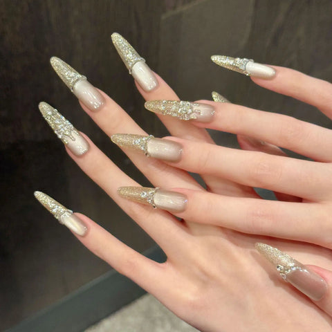 Own Brand Custom Design Nude Glitter French Manicure with Delicate Diamond Accents, Luxurious Long Handmade Nail