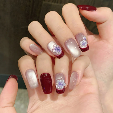 French Ice Translucent Cat-eye Lily-of-the-valley Three-dimensional Carved Short Nail Art