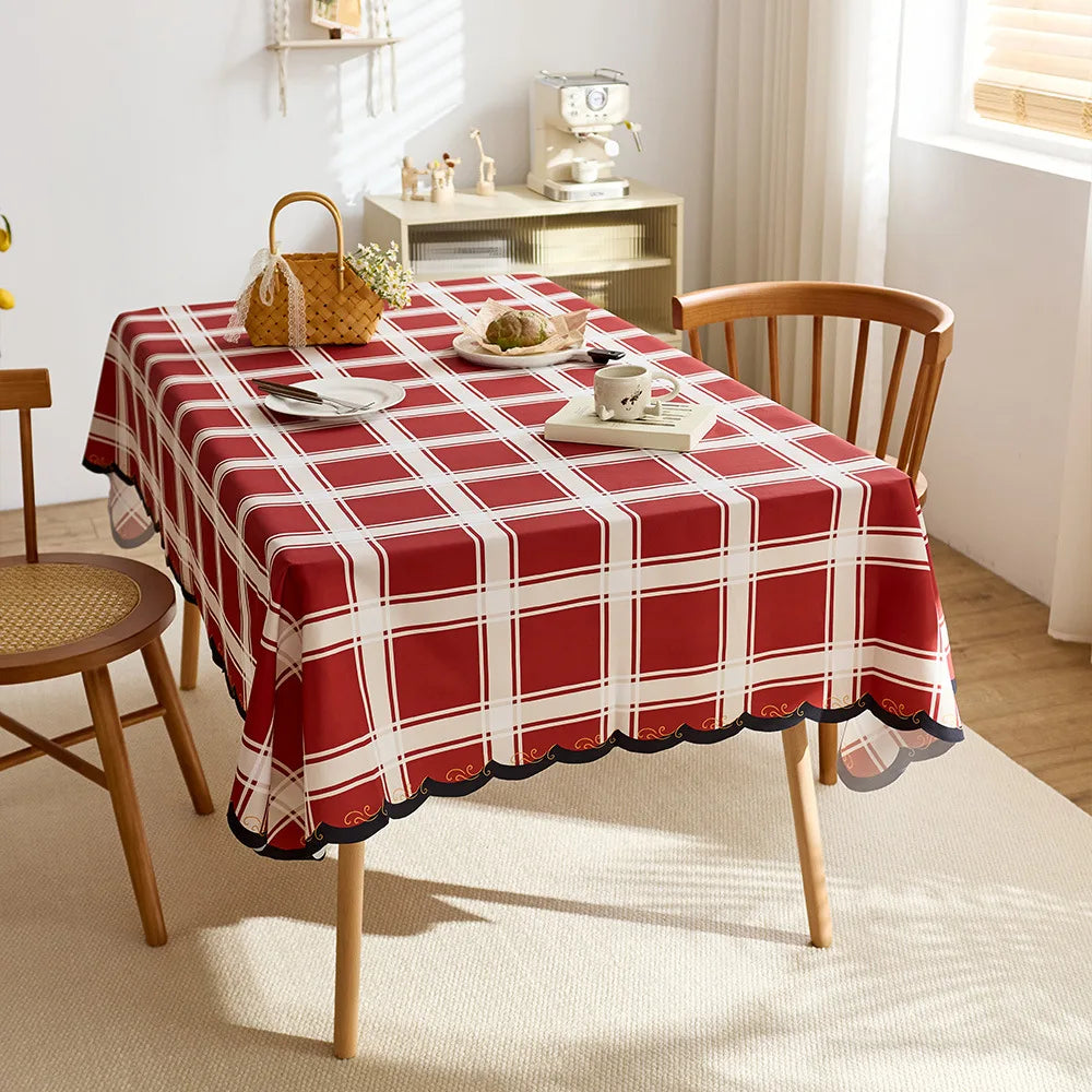 Modern red checkered design tablecloth print irregular shaped Christmas decorative tablecloth