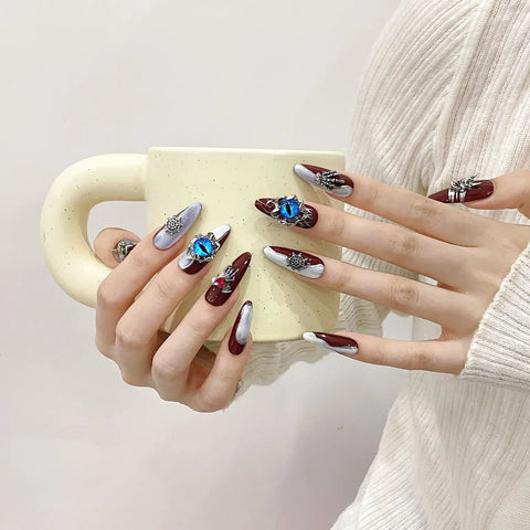 Factory Straight Hair French Skull Silver Three-dimensional Decoration Red and White Long Pointed Drop Shape