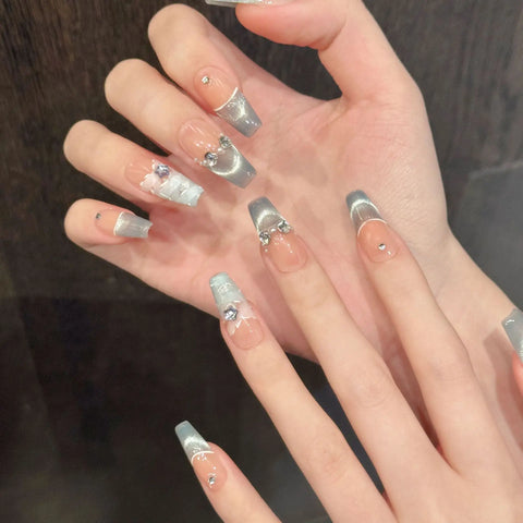 High-end Blue French Cat-eye Checkered Ice Translucent Skin-brightening Handcrafted Nail Extensions