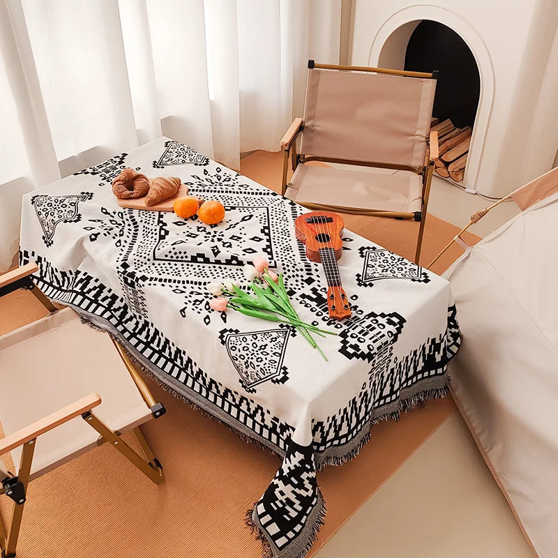 Printed reversible camping blanket black and white briquettes abstract geometric cover tablecloth