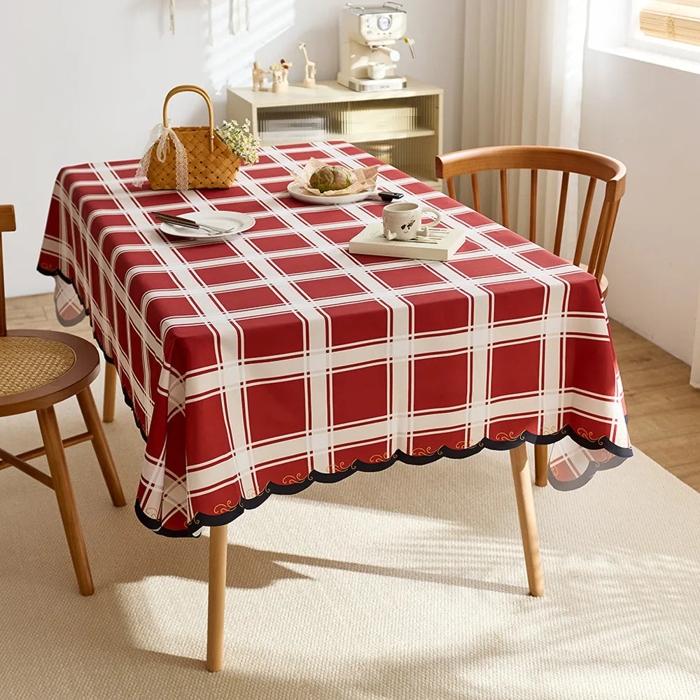 Modern red checkered design tablecloth print irregular shaped Christmas decorative tablecloth