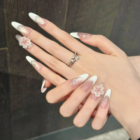 Handcrafted Manufacturer 3D Floral Cat-eye French Manicure That Highlights Fair Skin