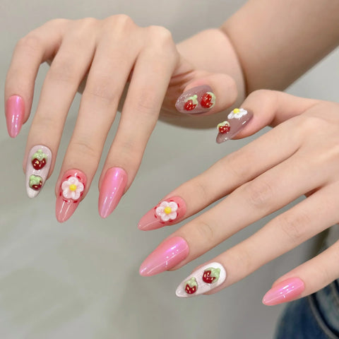 3D Press on Nails Hand-painted Strawberry Egg Flower Nails for Spring and Summer, Fully Handmade