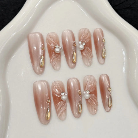 New Style High Quality Ballet-inspired Pure Desire Blush Cat-eye Champagne Ribbon Long Manual Wear Nails
