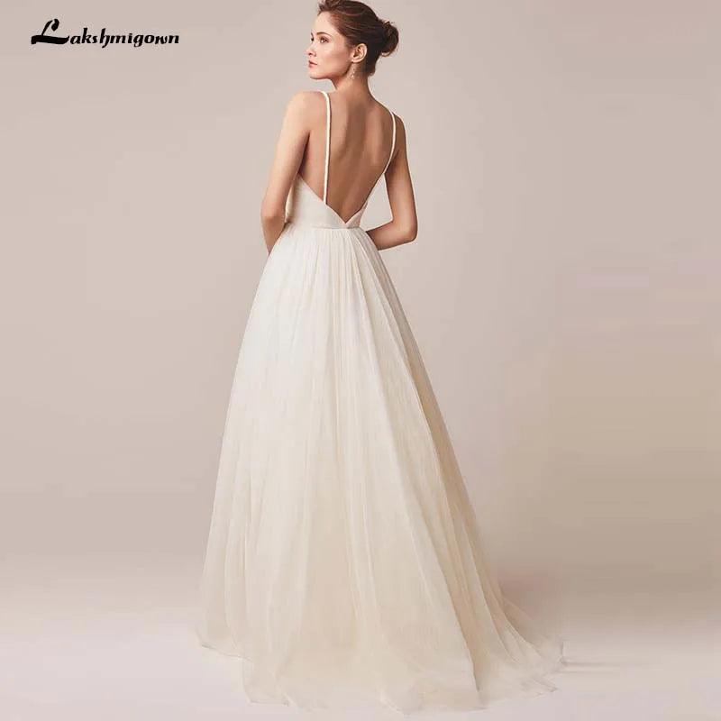 Vestido de novia NumberSea sexy con tirantes finos de tul, sin mangas, cuello en V, espalda descubierta 