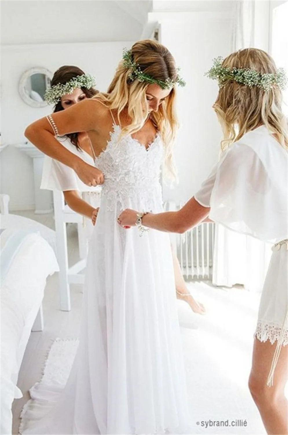 NumberSea Spaghetti Straps White Chiffon Front Slit Beach Wedding Dress with Lace Elegant Open Back Bridal Dress