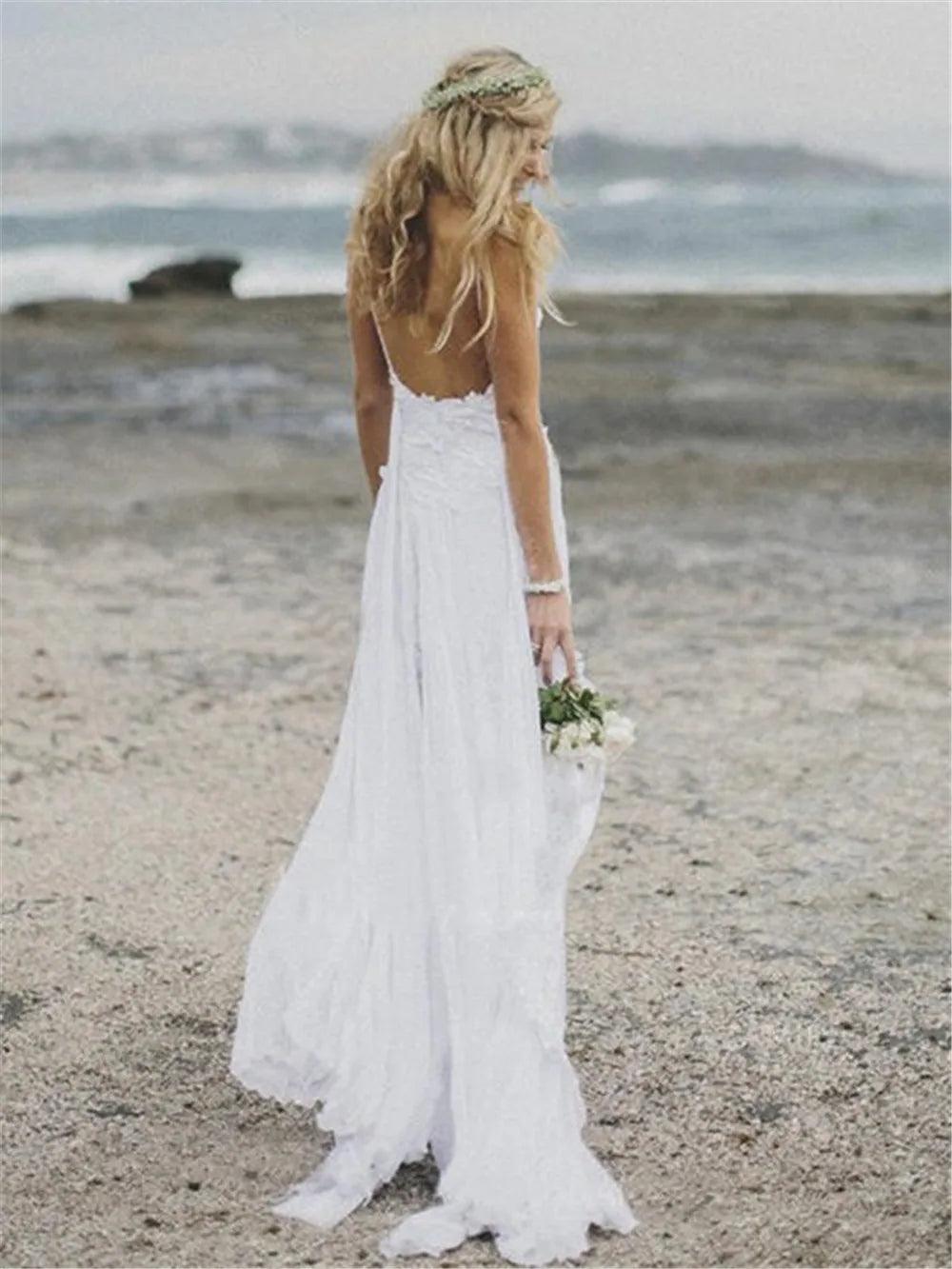 NumberSea Spaghetti Straps White Chiffon Front Slit Beach Wedding Dress with Lace Elegant Open Back Bridal Dress