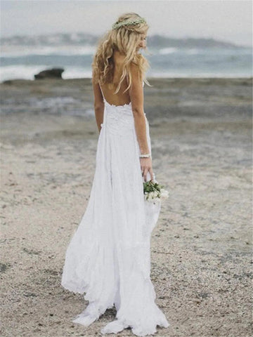 NumberSea Spaghetti Straps White Chiffon Front Slit Beach Wedding Dress with Lace Elegant Open Back Bridal Dress