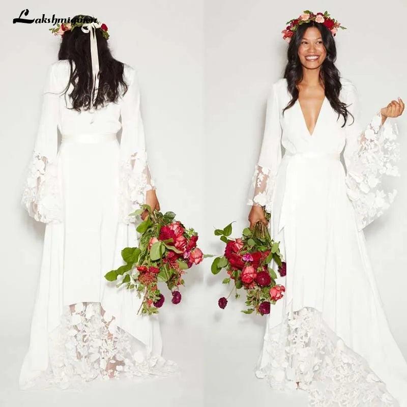 Vestido de novia bohemio sencillo de NumberSea, con mangas largas y escote en V profundo, estilo hippie, para playa, tallas grandes 