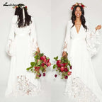 Vestido de novia bohemio sencillo de NumberSea, con mangas largas y escote en V profundo, estilo hippie, para playa, tallas grandes 