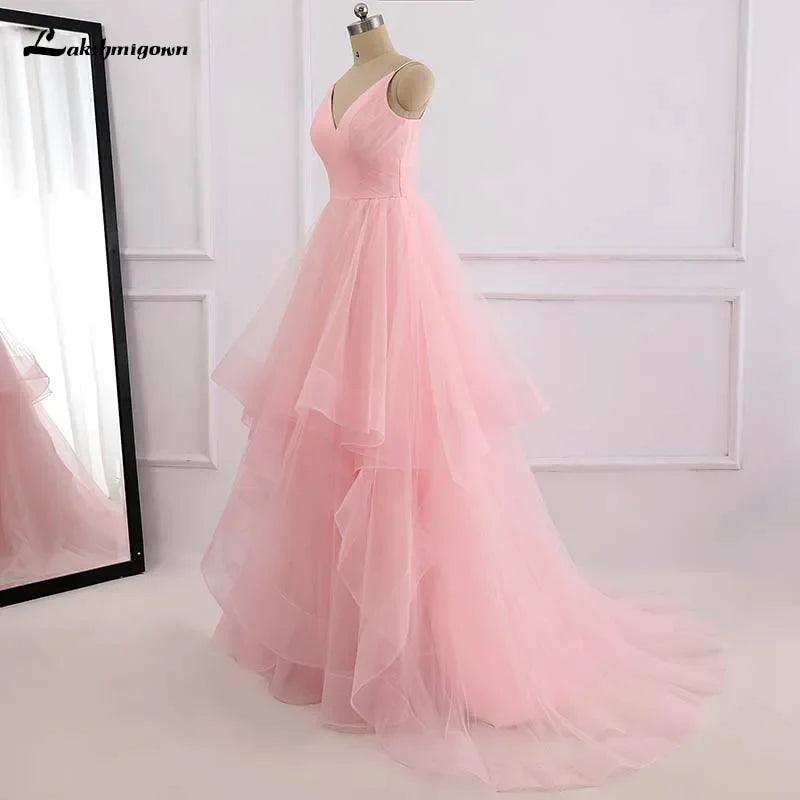 Vestido de novia romántico de playa rosa NumberSea, estilo bohemio, con tirantes de tul y cremallera en la espalda con cola de 30 cm. 