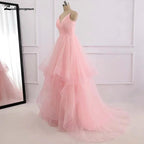 Vestido de novia romántico de playa rosa NumberSea, estilo bohemio, con tirantes de tul y cremallera en la espalda con cola de 30 cm. 