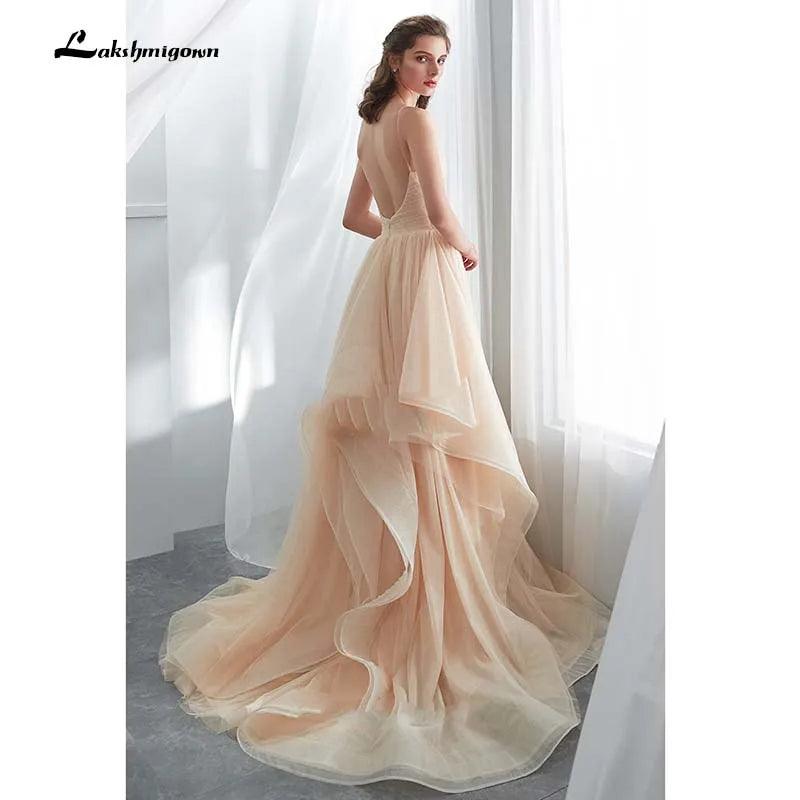 Vestido de novia NumberSea romántico con tirantes finos, color champán, largo, abullonado, con volantes y tul suave 