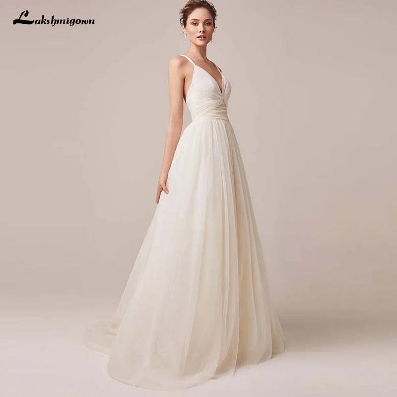 Vestido de novia NumberSea sexy con tirantes finos de tul, sin mangas, cuello en V, espalda descubierta 