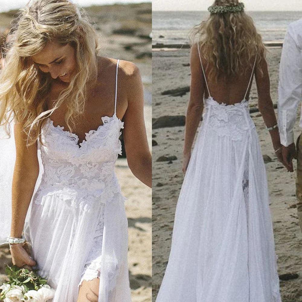 NumberSea Spaghetti Straps White Chiffon Front Slit Beach Wedding Dress with Lace Elegant Open Back Bridal Dress