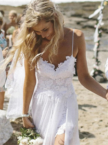 NumberSea Spaghetti Straps White Chiffon Front Slit Beach Wedding Dress with Lace Elegant Open Back Bridal Dress