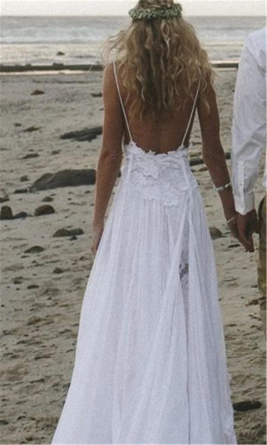 NumberSea Spaghetti Straps White Chiffon Front Slit Beach Wedding Dress with Lace Elegant Open Back Bridal Dress