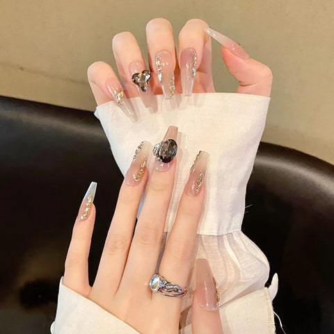 New Arriving Detachable Extra Long Gradient Handmade Nails Nude Rhinestone Luxury Press on Nails