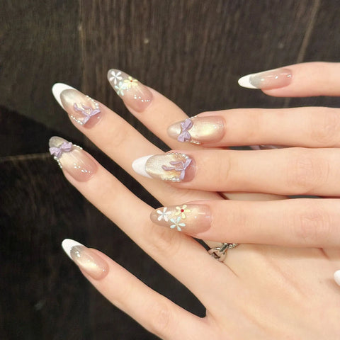 Handmade Nail Art Featuring Sweet Potato butterfly Bow Glass Beads and Cat's Eye Design