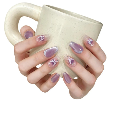 Purple Cat Eye Hand Painted Butterfly Artificial Short Nails Detachable Press on Nails