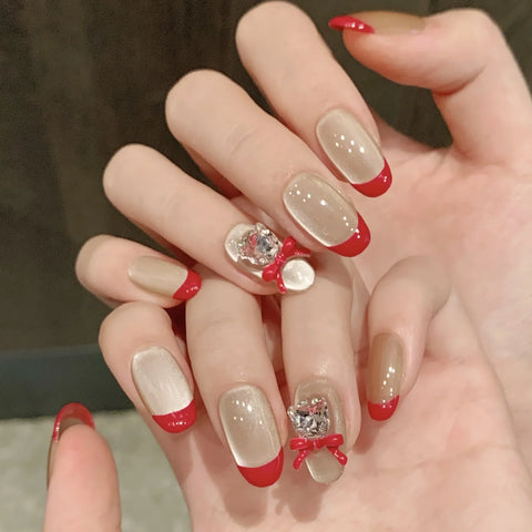 High Quality  Dense Cat-eye Minimalist Red French Short Everyday Handcrafted Nail Art