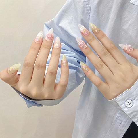 New Style  Sweet Blue Bow Detachable Nail Art Handmade Acrylic Reusable Glue Realistic Stick on Nails