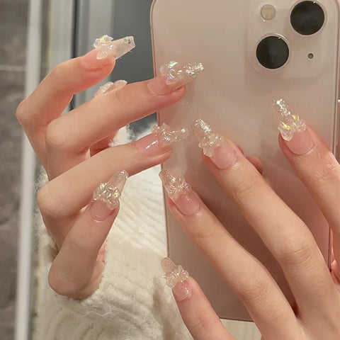 Aurora Bow Glitter Nail Stickers, Detachable Artificial Nails, Ready-to-wear, Handcrafted