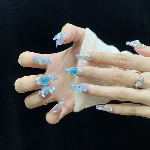 High-grade Luxury Gradient Blue Long Trapezoid Rhinestones Design False Soft Nails