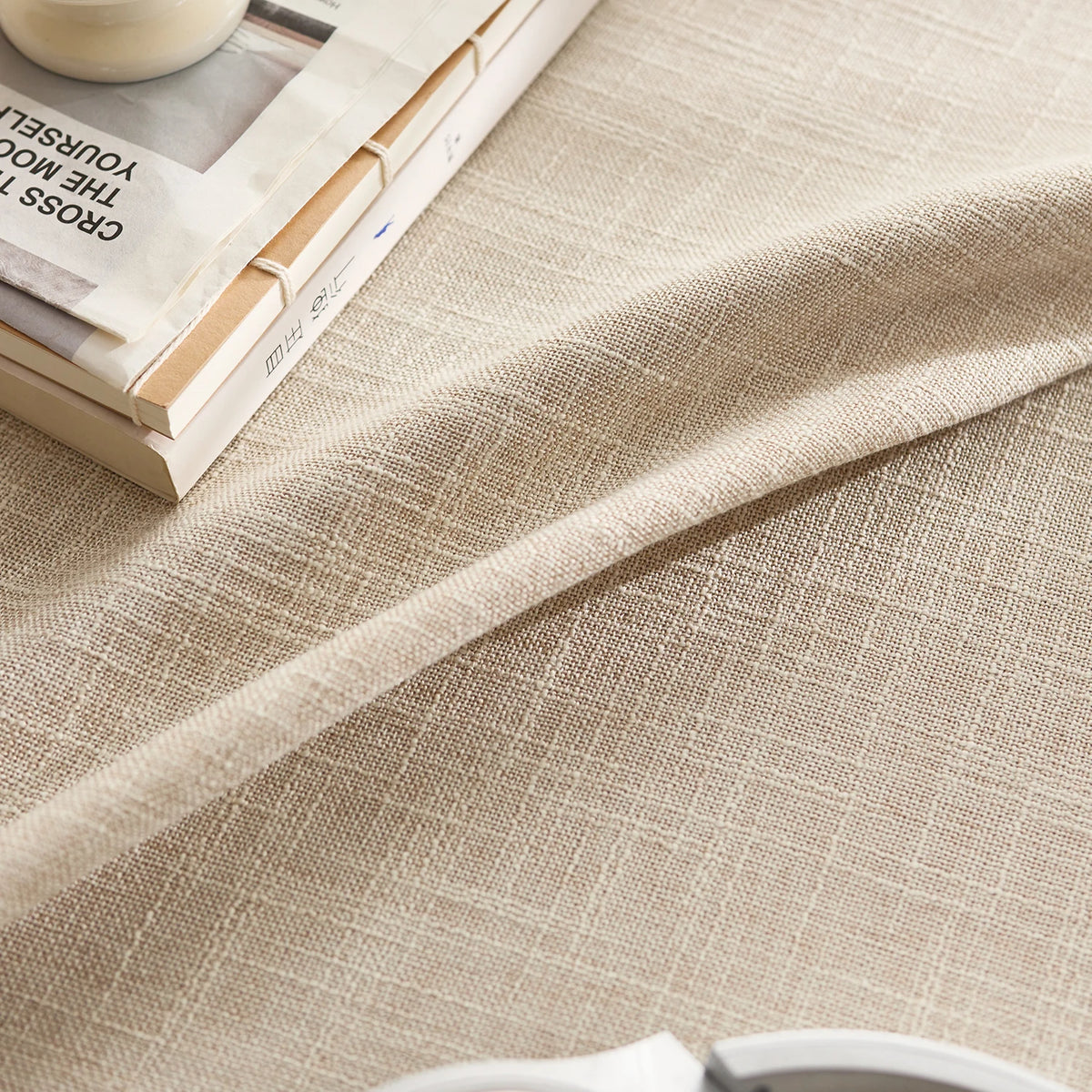 Beige solid linen appearance tablecloth, washable, rectangular 140cm wide tablecloth, suitable for outdoor dining decoration