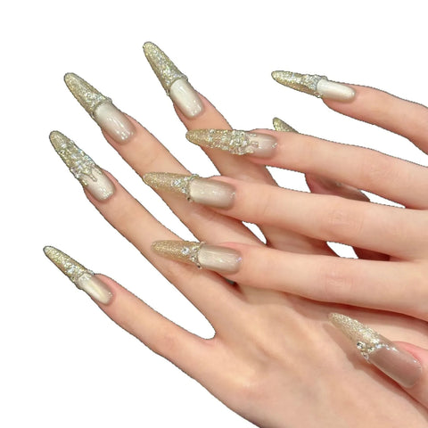 Own Brand Custom Design Nude Glitter French Manicure with Delicate Diamond Accents, Luxurious Long Handmade Nail