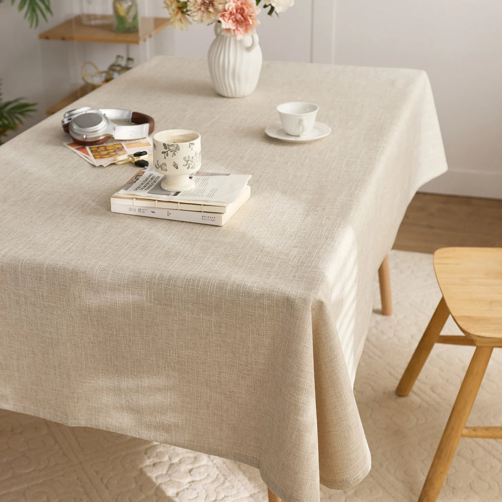 Beige solid linen appearance tablecloth, washable, rectangular 140cm wide tablecloth, suitable for outdoor dining decoration