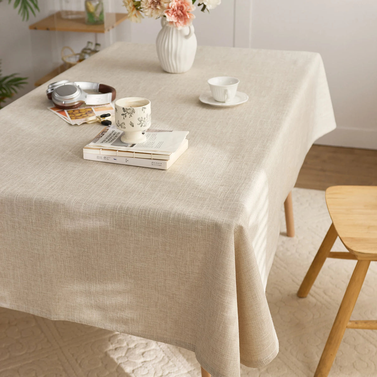 Beige solid linen appearance tablecloth, washable, rectangular 140cm wide tablecloth, suitable for outdoor dining decoration