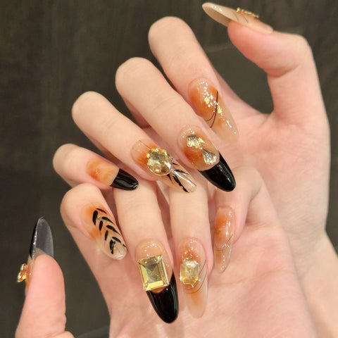 Autumn and Winter Amber Gradient French Gold Foil Long False Nails