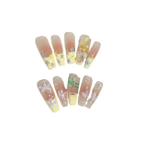 Long Ladder Type Yellow Matching Nude Ribbon Rhinestone Design Removable Soft False Nails