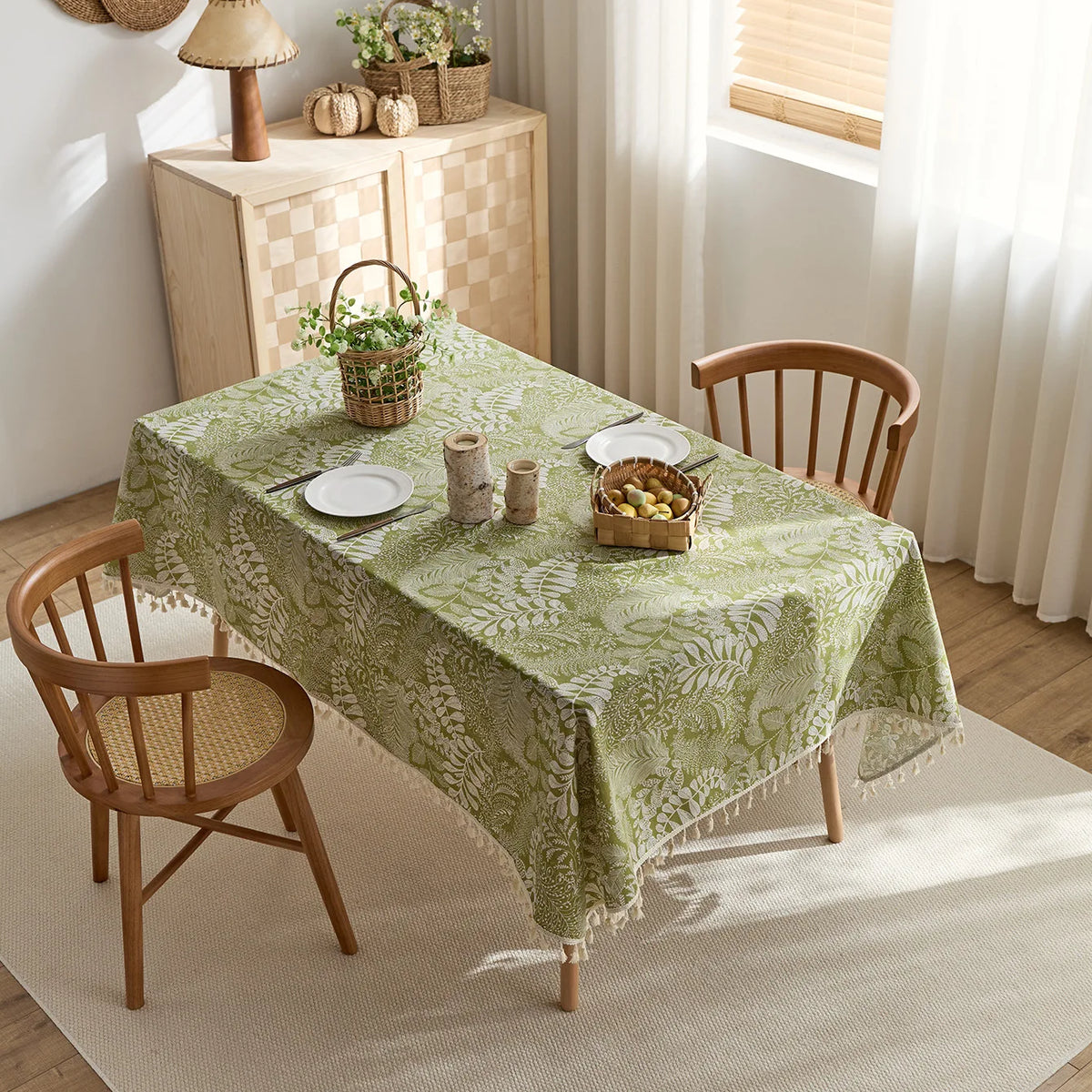 Pastoral Green Polyester/Cotton Printed Rectangular Reusable Washable Dustproof Tablecloth for Home Hotel & Outdoor Events