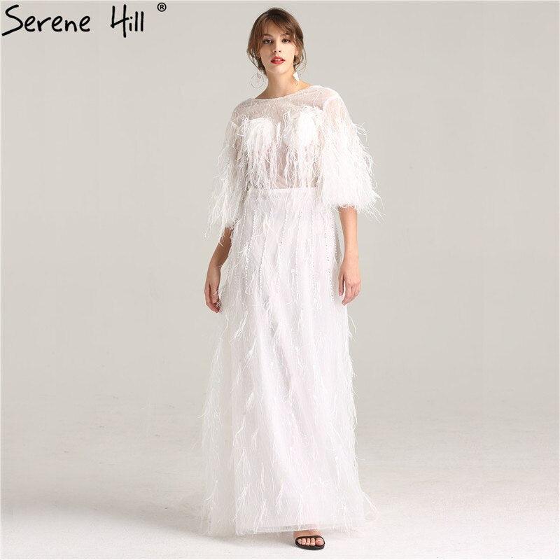 On Sale No Return No Refund Sale Half Sleeve Dream Feather Tassel  Evening Dresses 2024 White Pearls Fashion Sexy Formal Evening Gowns LA6225