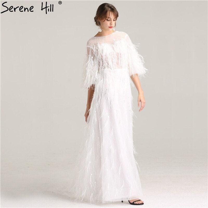 On Sale No Return No Refund Sale Half Sleeve Dream Feather Tassel  Evening Dresses 2024 White Pearls Fashion Sexy Formal Evening Gowns LA6225
